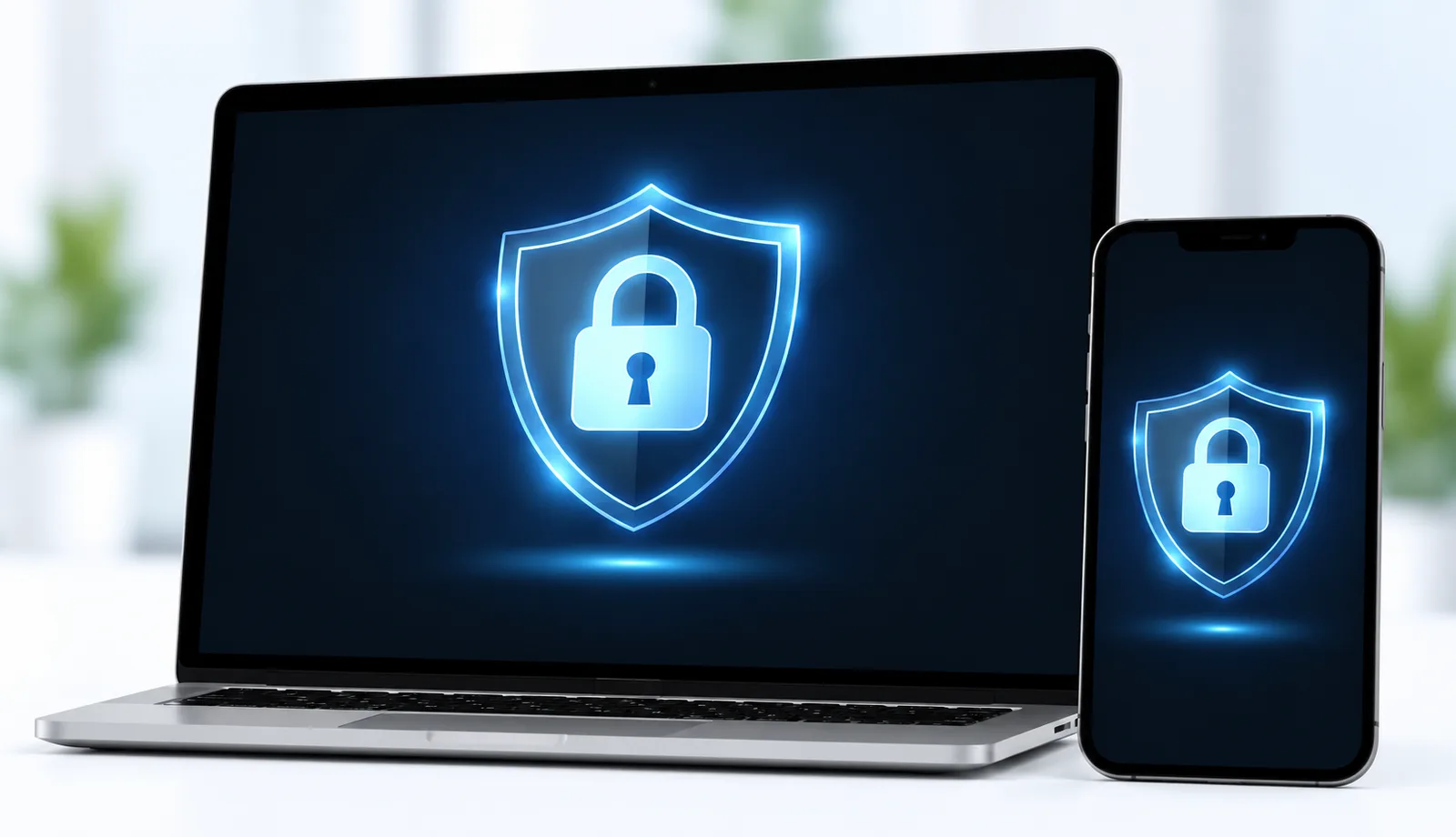 Laptop en smartphone met een beveiligingsschild met slot als symbool voor veilig onderhoud