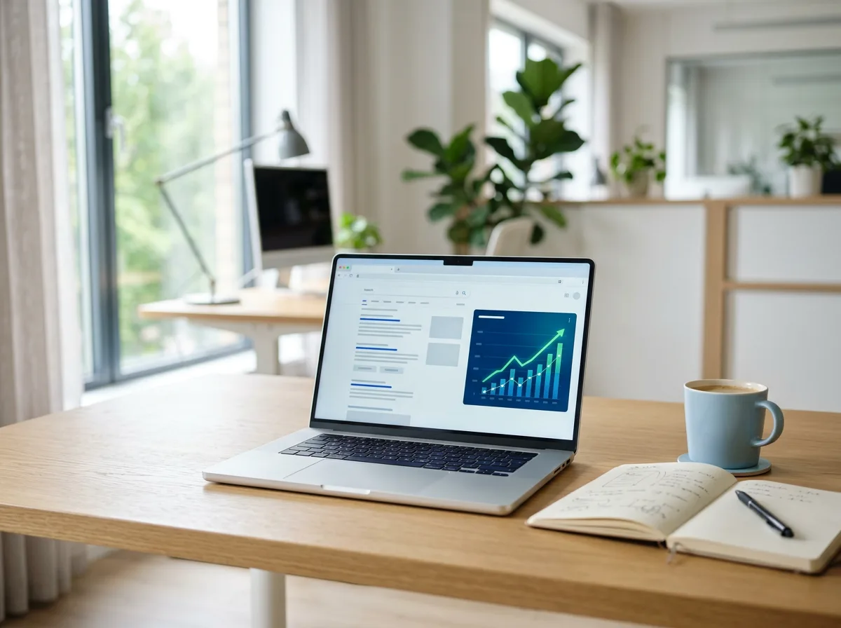 Laptop with search results and a rising graph on a desk