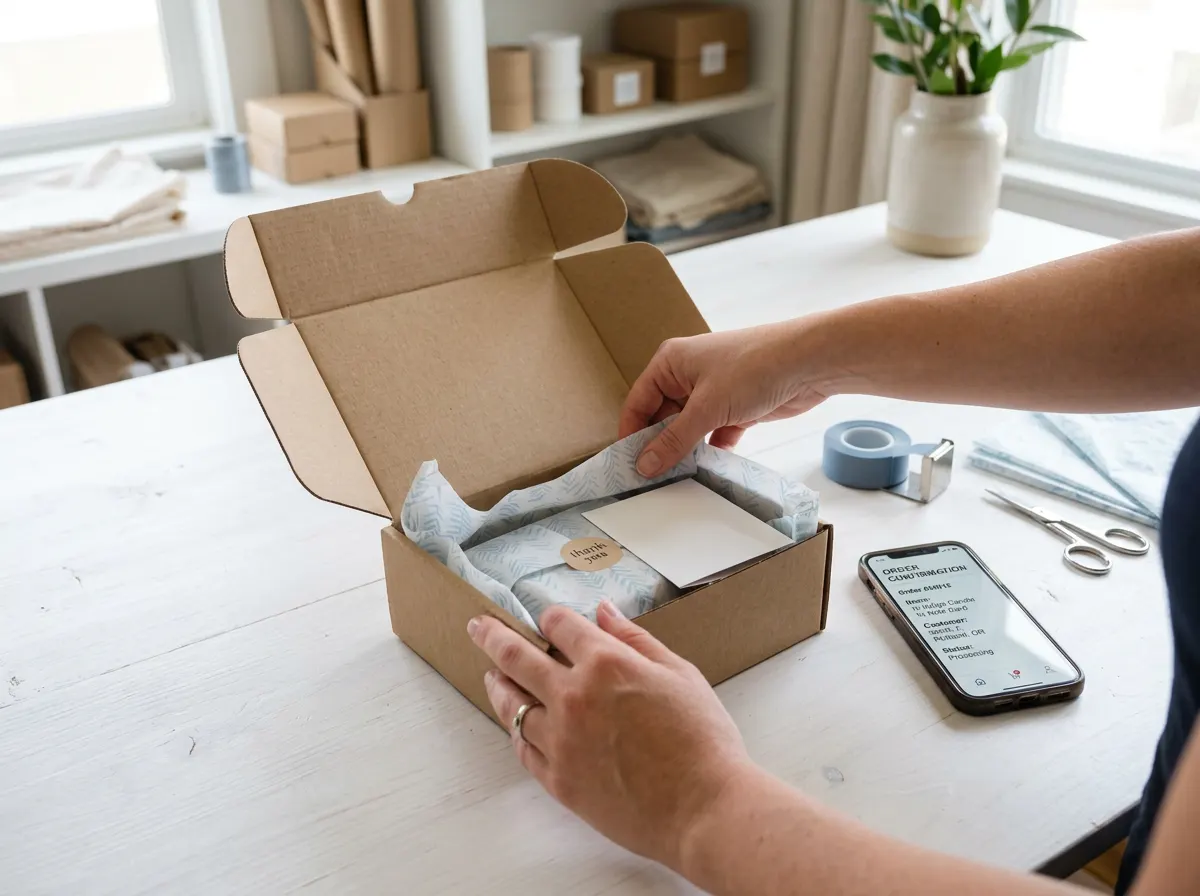 Ondernemer pakt een webshopbestelling in naast een smartphone