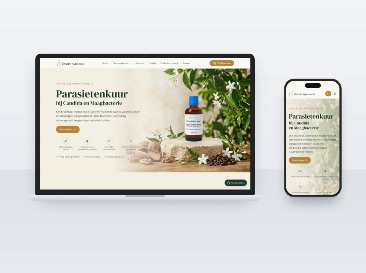 Webshop van Shivani Ayurveda met kruidenformule op laptop en smartphone
